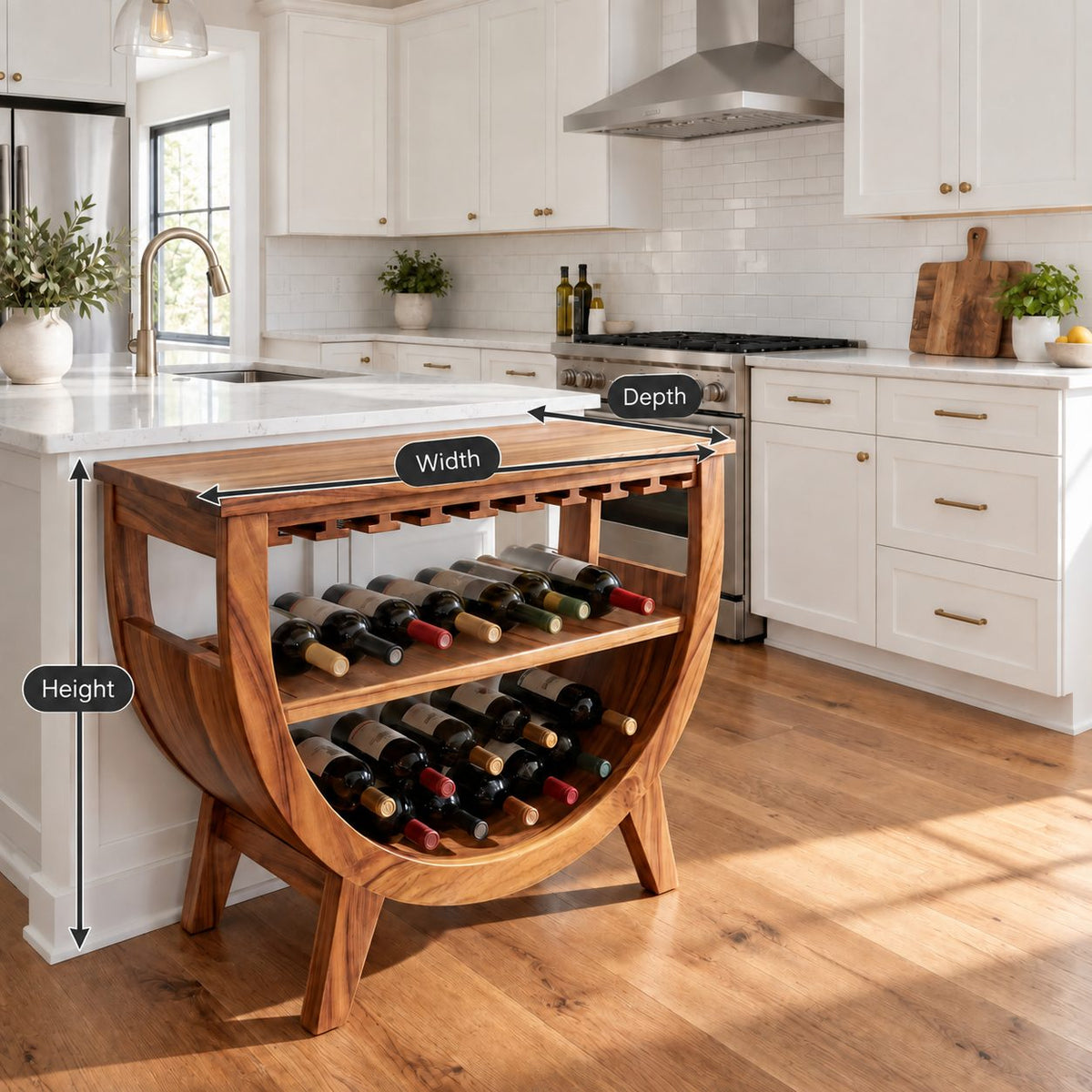 Half Moon Wine Cabinet with Stemware Slots and Two Bottle Shelves, Solid Wood Arched Kitchen Bar Cabinet