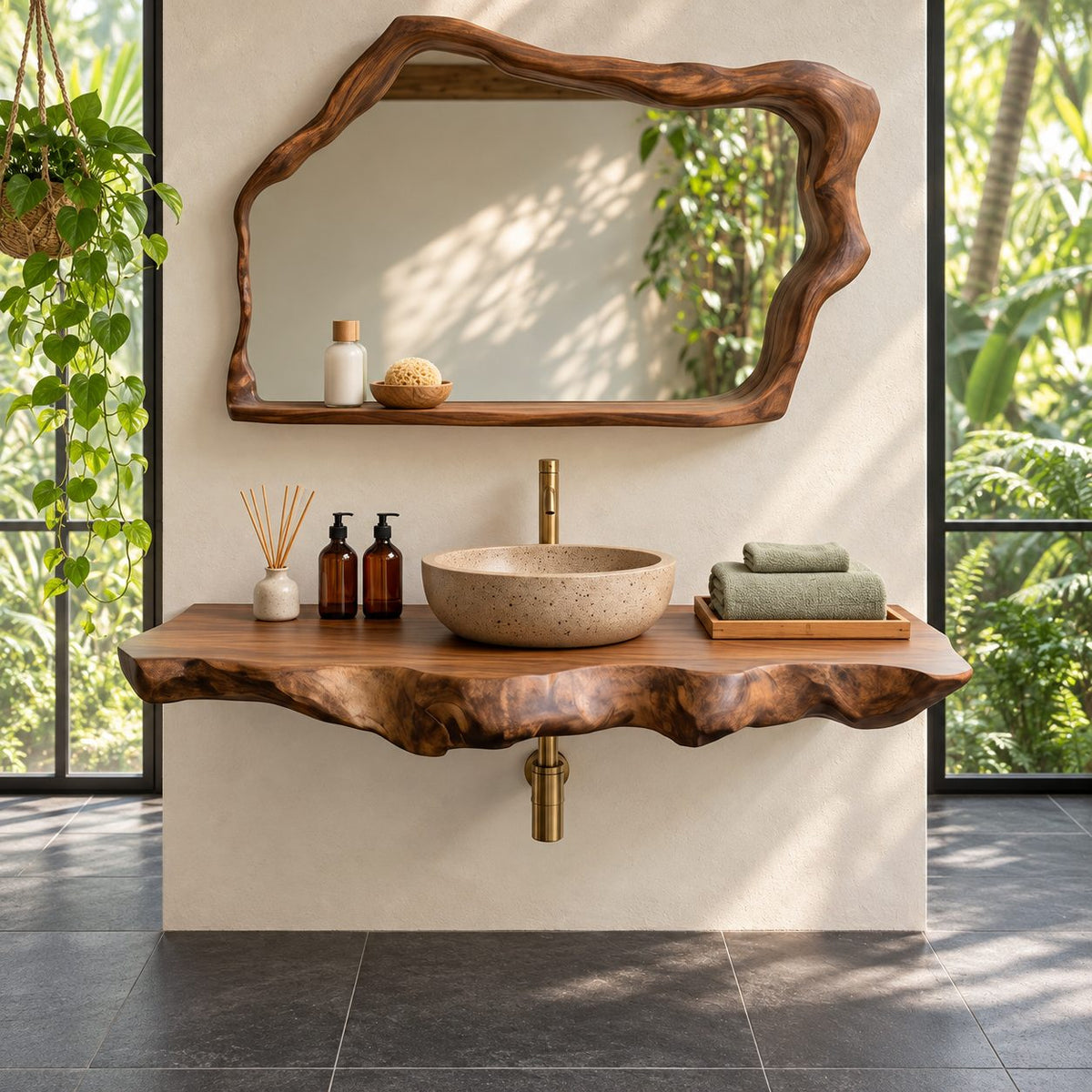 Live Edge Floating Bathroom Vanity 20-71 Inch, Deep Wavy Edge Solid Wood Wall Vanity Shelf