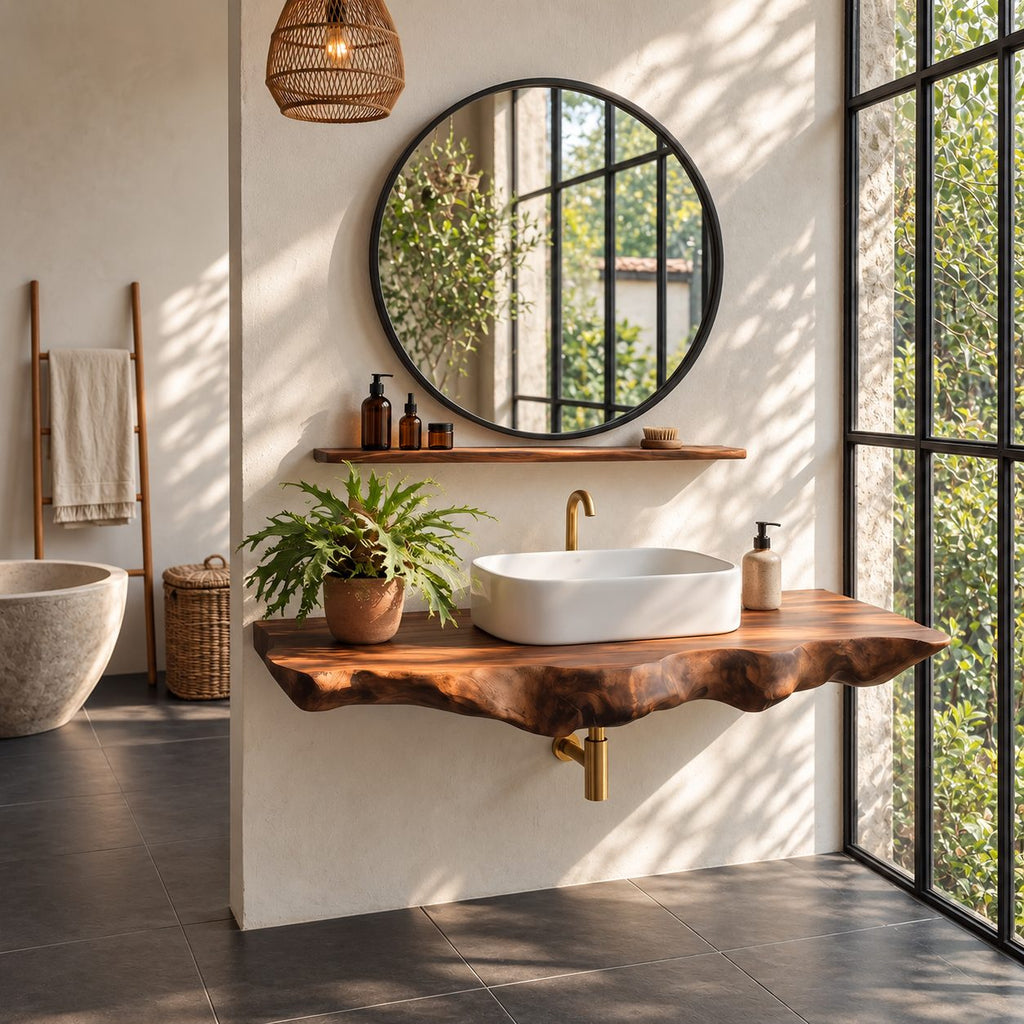 Live Edge Floating Bathroom Vanity 20-71 Inch, Deep Wavy Edge Solid Wood Wall Vanity Shelf