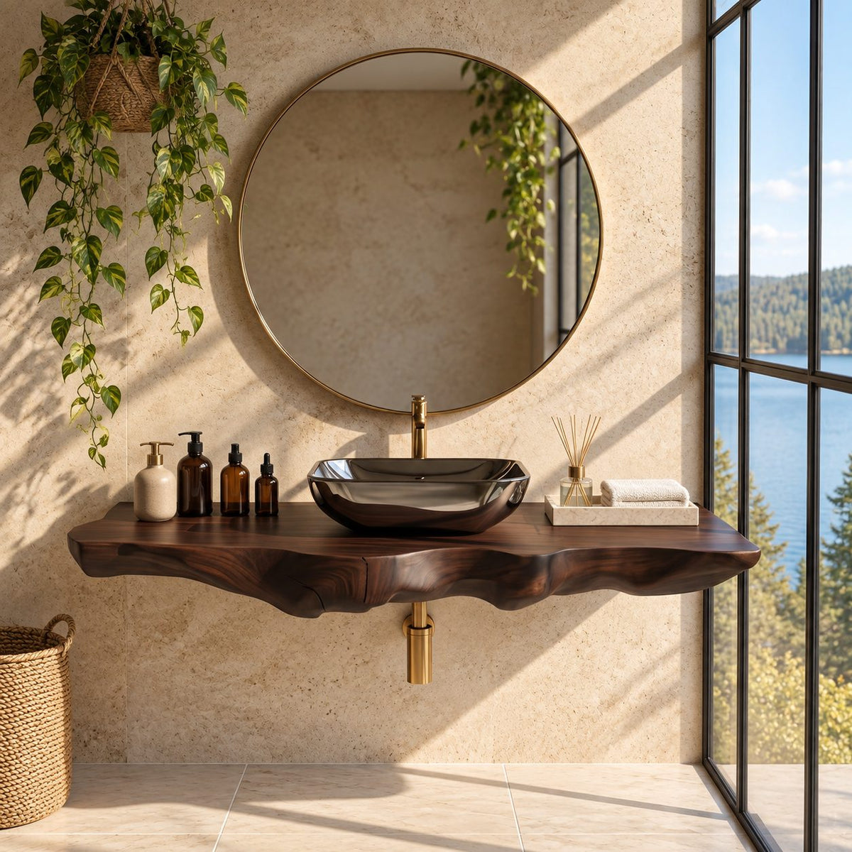 Live Edge Floating Bathroom Vanity 20-71 Inch, Deep Wavy Edge Solid Wood Wall Vanity Shelf