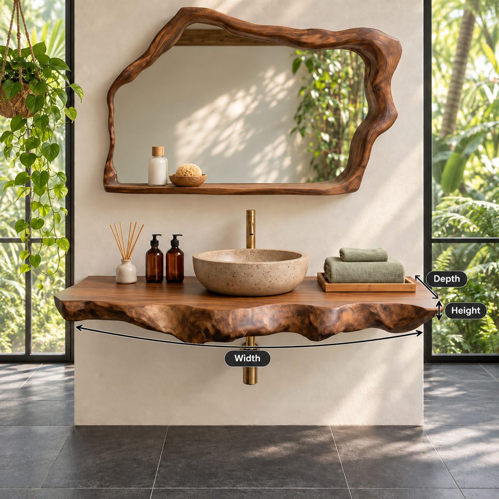 Live Edge Floating Bathroom Vanity 20-71 Inch, Deep Wavy Edge Solid Wood Wall Vanity Shelf