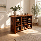 Natural Edge Top Wine Storage Cabinet with Dowel Wine Grid and Open Cubbies, Solid Wood Dining Bar Buffet