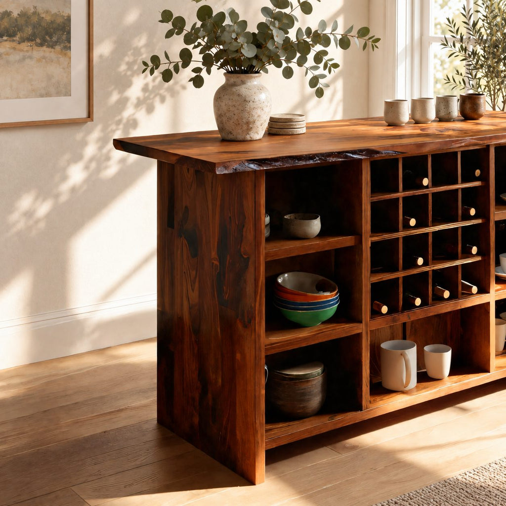 Natural Edge Top Wine Storage Cabinet with Dowel Wine Grid and Open Cubbies, Solid Wood Dining Bar Buffet
