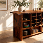 Natural Edge Top Wine Storage Cabinet with Dowel Wine Grid and Open Cubbies, Solid Wood Dining Bar Buffet