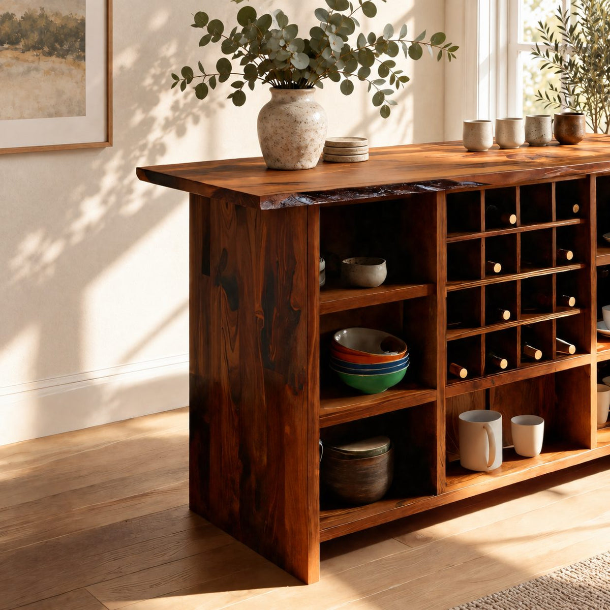 Natural Edge Top Wine Storage Cabinet with Dowel Wine Grid and Open Cubbies, Solid Wood Dining Bar Buffet