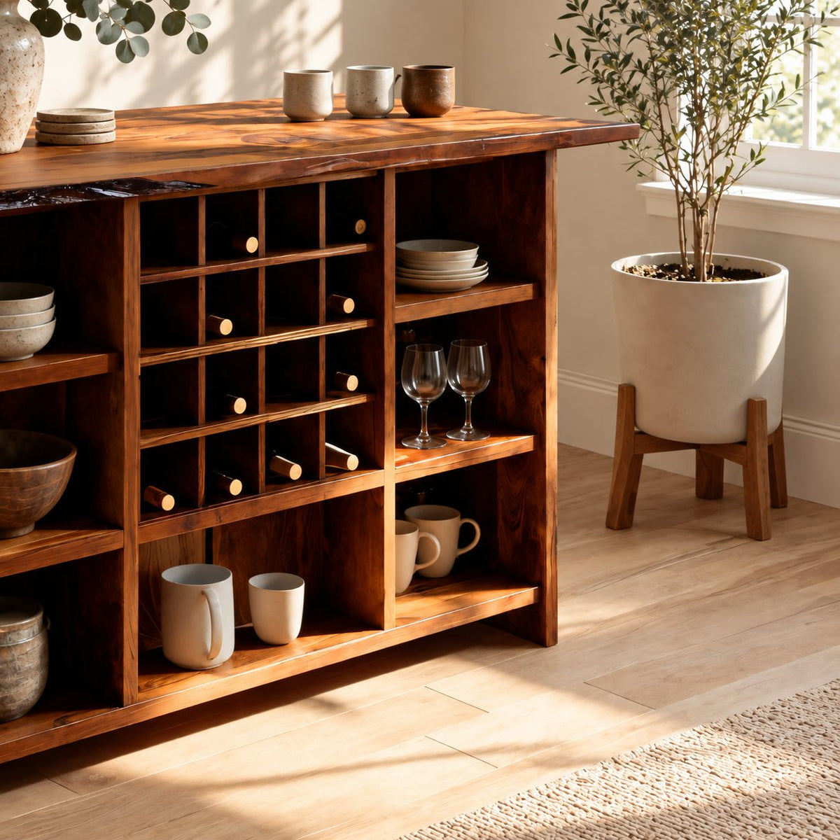 Natural Edge Top Wine Storage Cabinet with Dowel Wine Grid and Open Cubbies, Solid Wood Dining Bar Buffet