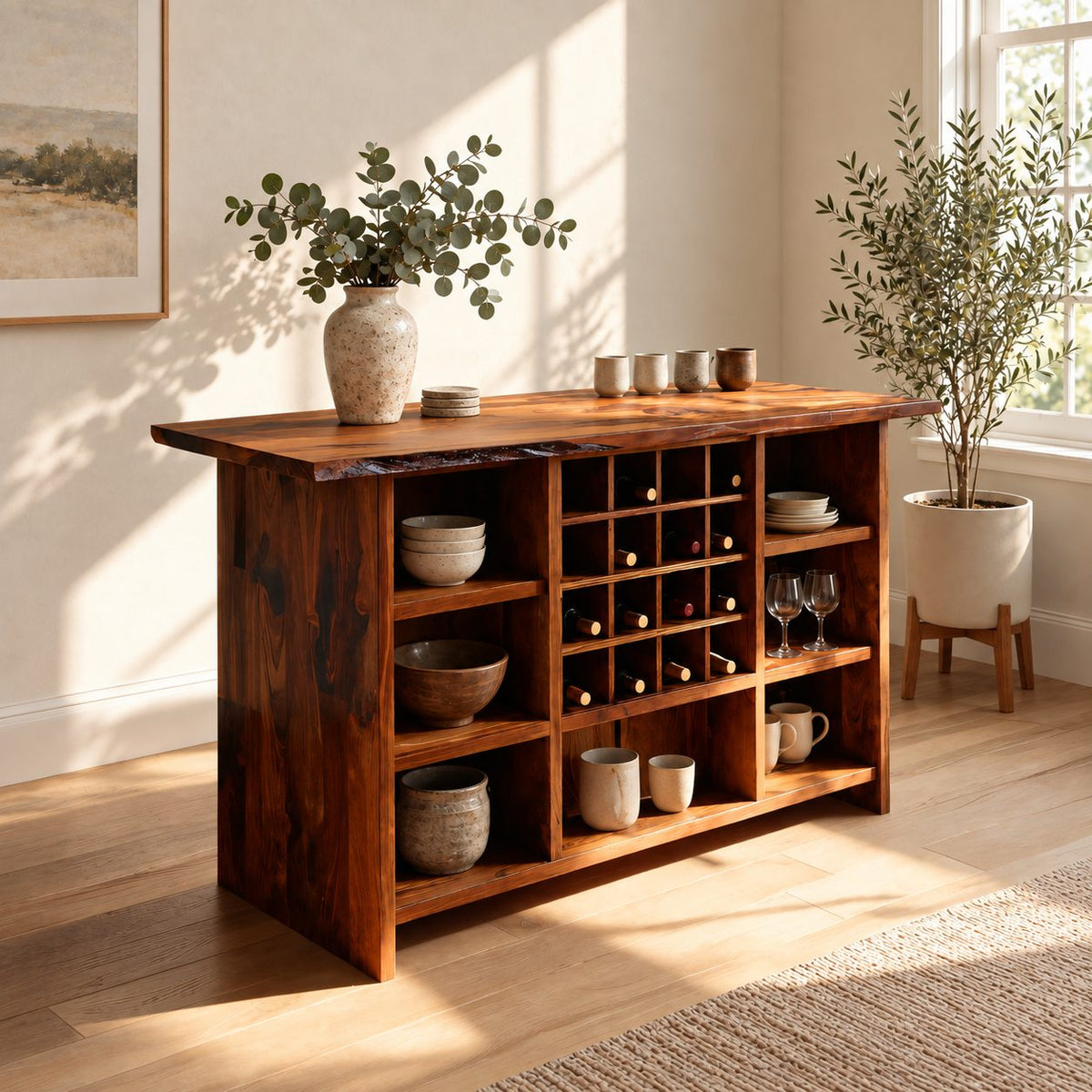 Natural Edge Top Wine Storage Cabinet with Dowel Wine Grid and Open Cubbies, Solid Wood Dining Bar Buffet