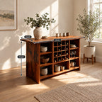 Natural Edge Top Wine Storage Cabinet with Dowel Wine Grid and Open Cubbies, Solid Wood Dining Bar Buffet