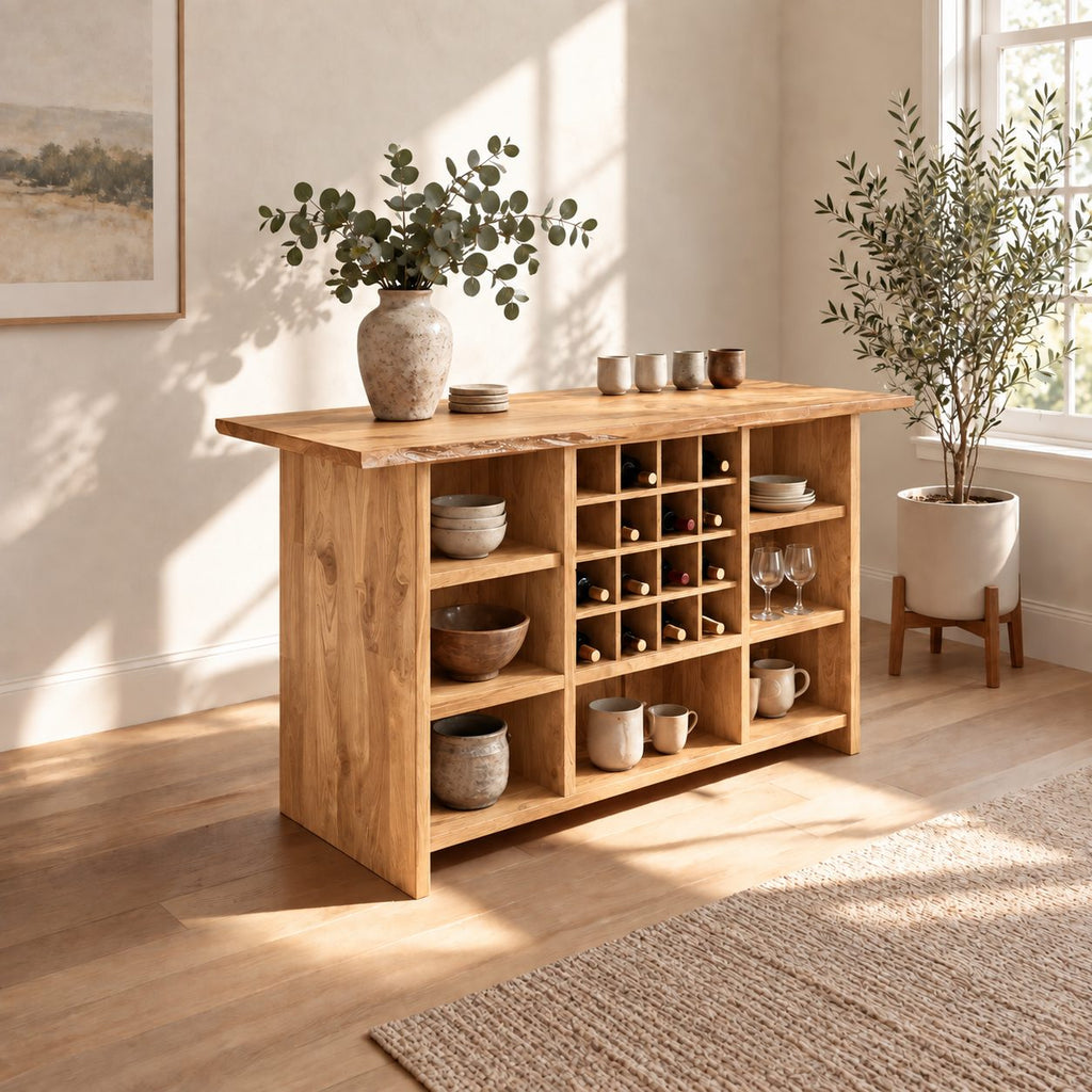 Natural Edge Top Wine Storage Cabinet with Dowel Wine Grid and Open Cubbies, Solid Wood Dining Bar Buffet