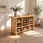 Natural Edge Top Wine Storage Cabinet with Dowel Wine Grid and Open Cubbies, Solid Wood Dining Bar Buffet