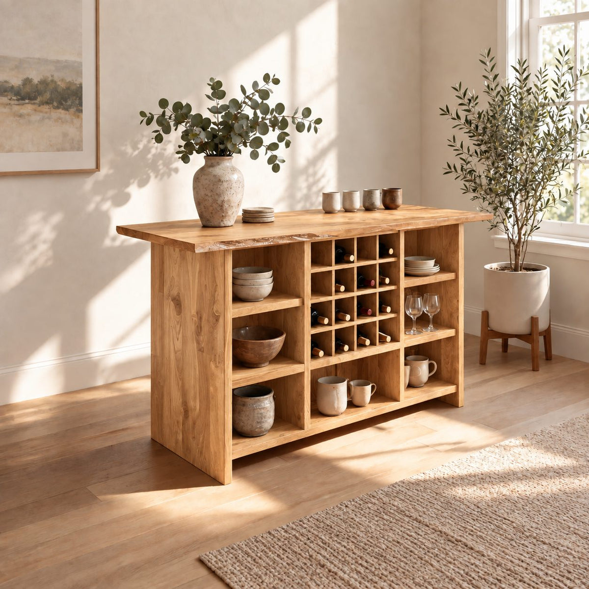 Natural Edge Top Wine Storage Cabinet with Dowel Wine Grid and Open Cubbies, Solid Wood Dining Bar Buffet