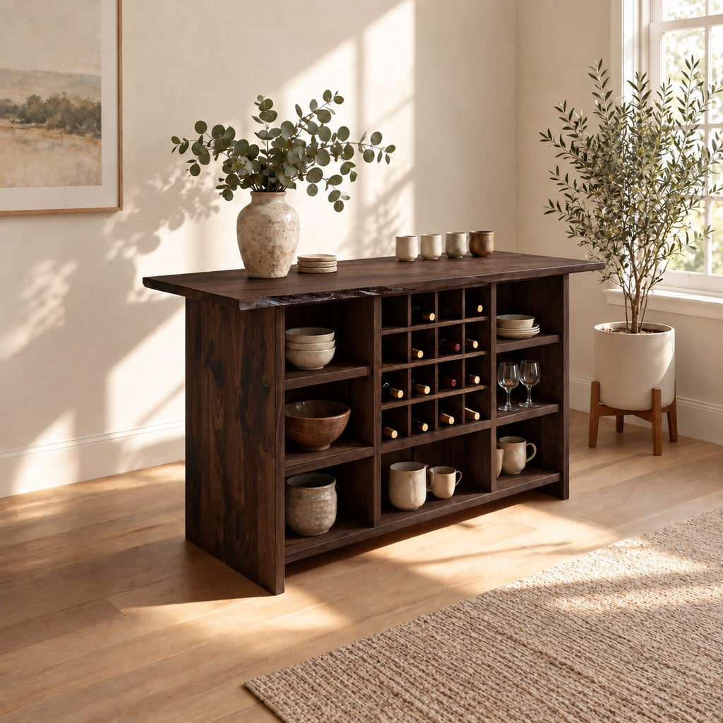 Natural Edge Top Wine Storage Cabinet with Dowel Wine Grid and Open Cubbies, Solid Wood Dining Bar Buffet