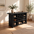 Natural Edge Top Wine Storage Cabinet with Dowel Wine Grid and Open Cubbies, Solid Wood Dining Bar Buffet