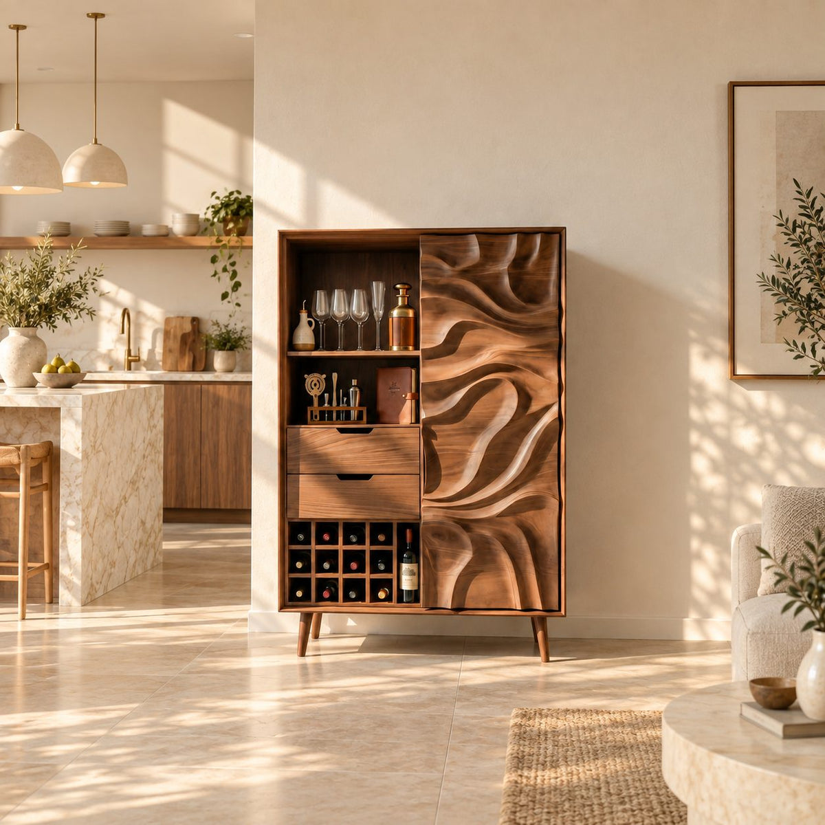 Sculpted Swirl Door Tall Bar Cabinet with Drawers, Wine Cubbies and Stemware Shelf, Solid Wood Bar Armoire