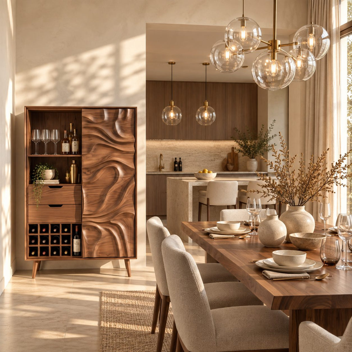 Sculpted Swirl Door Tall Bar Cabinet with Drawers, Wine Cubbies and Stemware Shelf, Solid Wood Bar Armoire