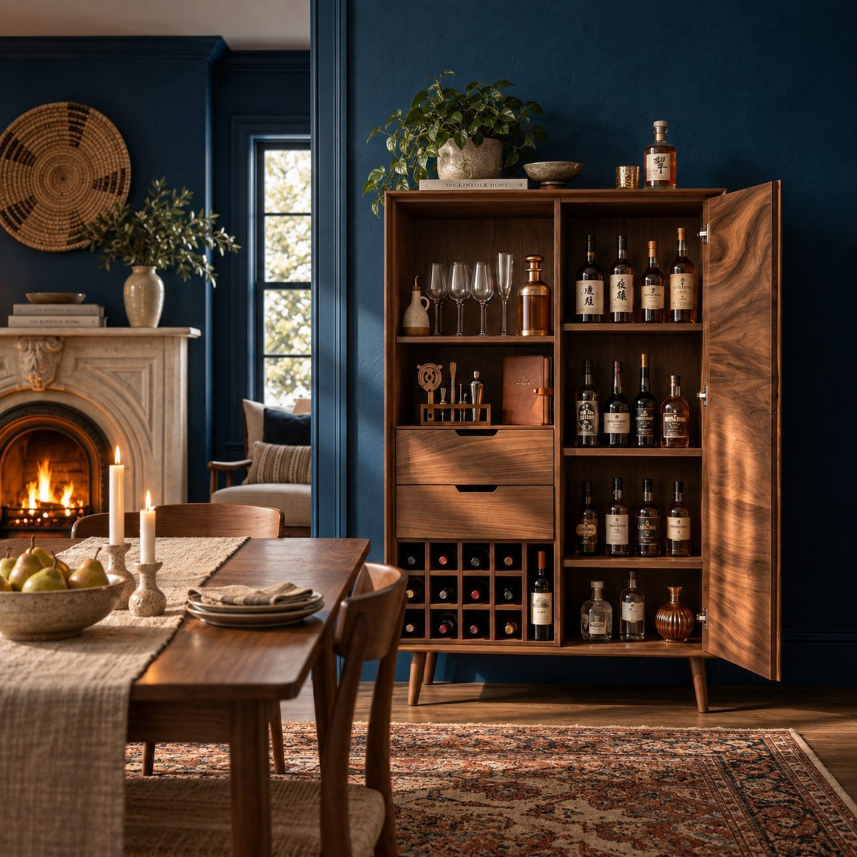 Sculpted Swirl Door Tall Bar Cabinet with Drawers, Wine Cubbies and Stemware Shelf, Solid Wood Bar Armoire