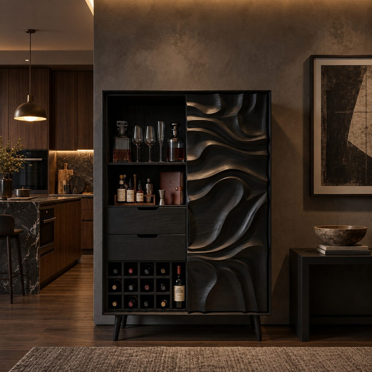 Sculpted Swirl Door Tall Bar Cabinet with Drawers, Wine Cubbies and Stemware Shelf, Solid Wood Bar Armoire