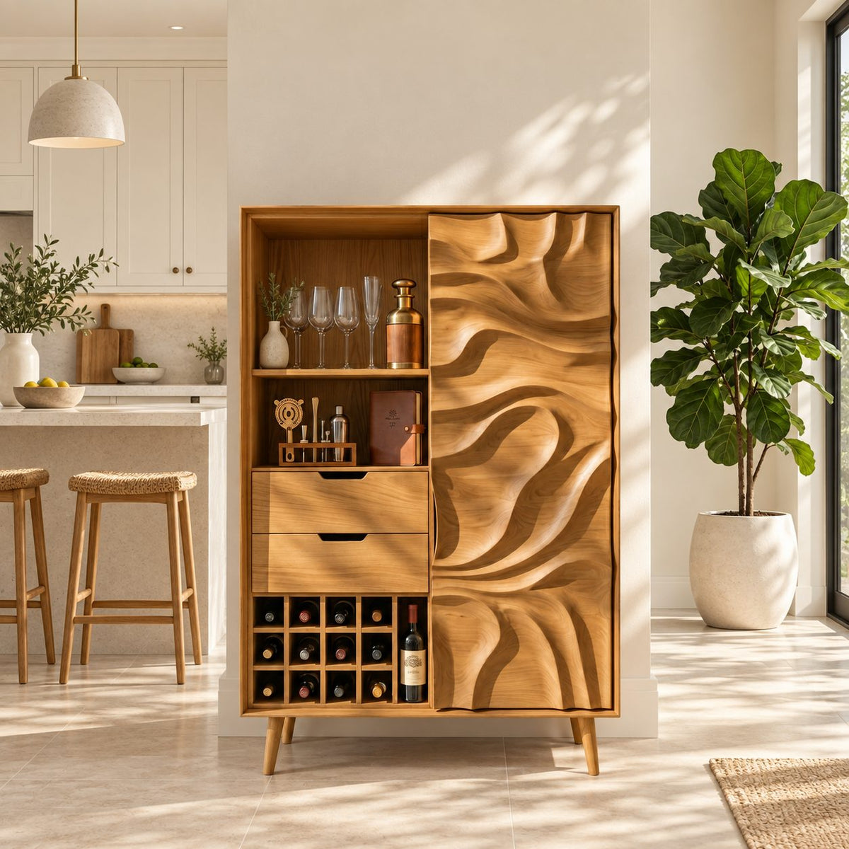 Sculpted Swirl Door Tall Bar Cabinet with Drawers, Wine Cubbies and Stemware Shelf, Solid Wood Bar Armoire