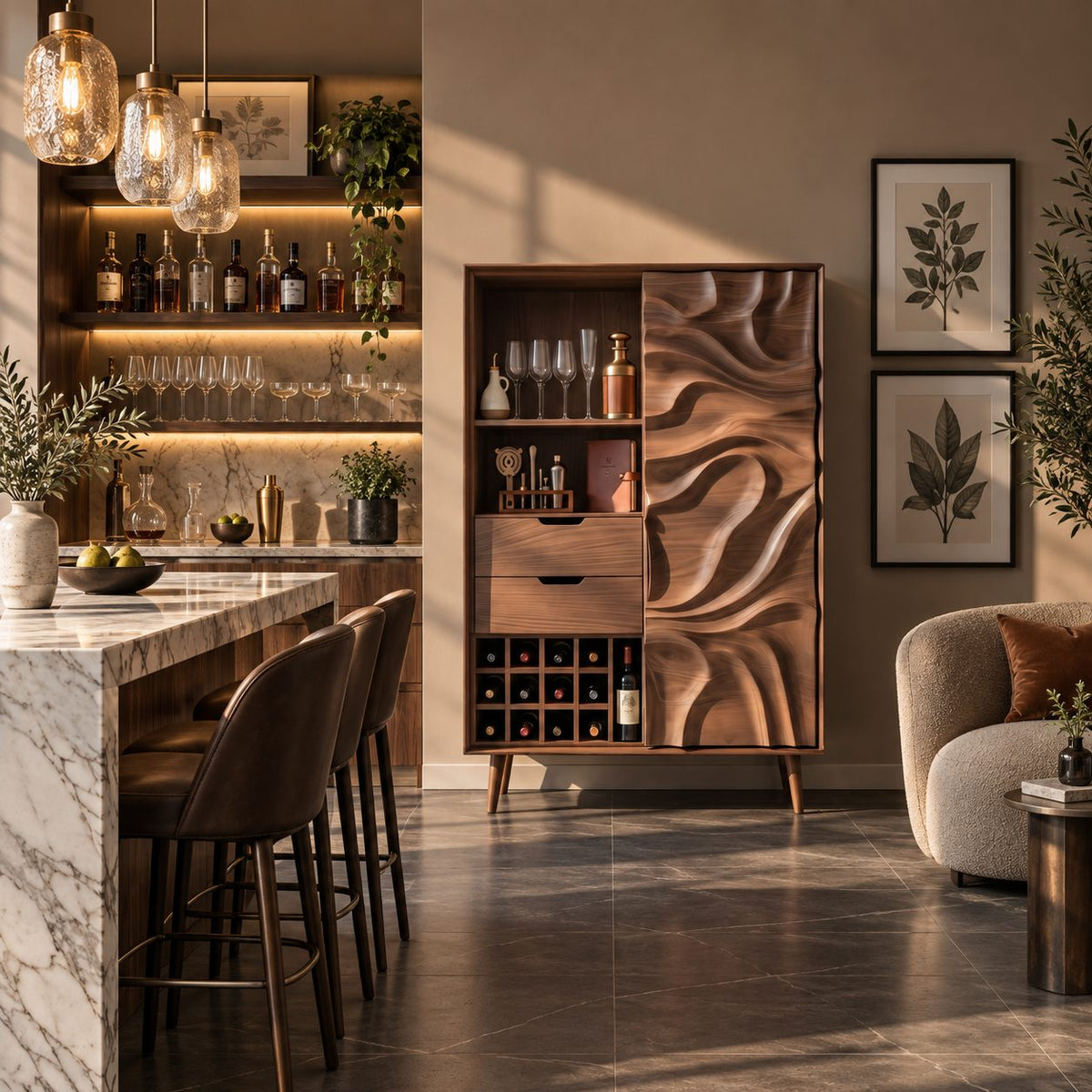 Sculpted Swirl Door Tall Bar Cabinet with Drawers, Wine Cubbies and Stemware Shelf, Solid Wood Bar Armoire