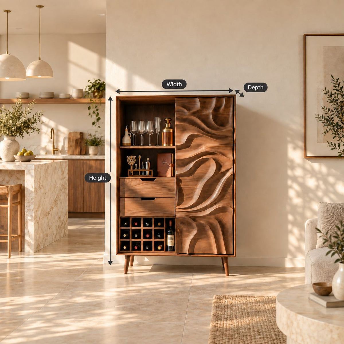 Sculpted Swirl Door Tall Bar Cabinet with Drawers, Wine Cubbies and Stemware Shelf, Solid Wood Bar Armoire