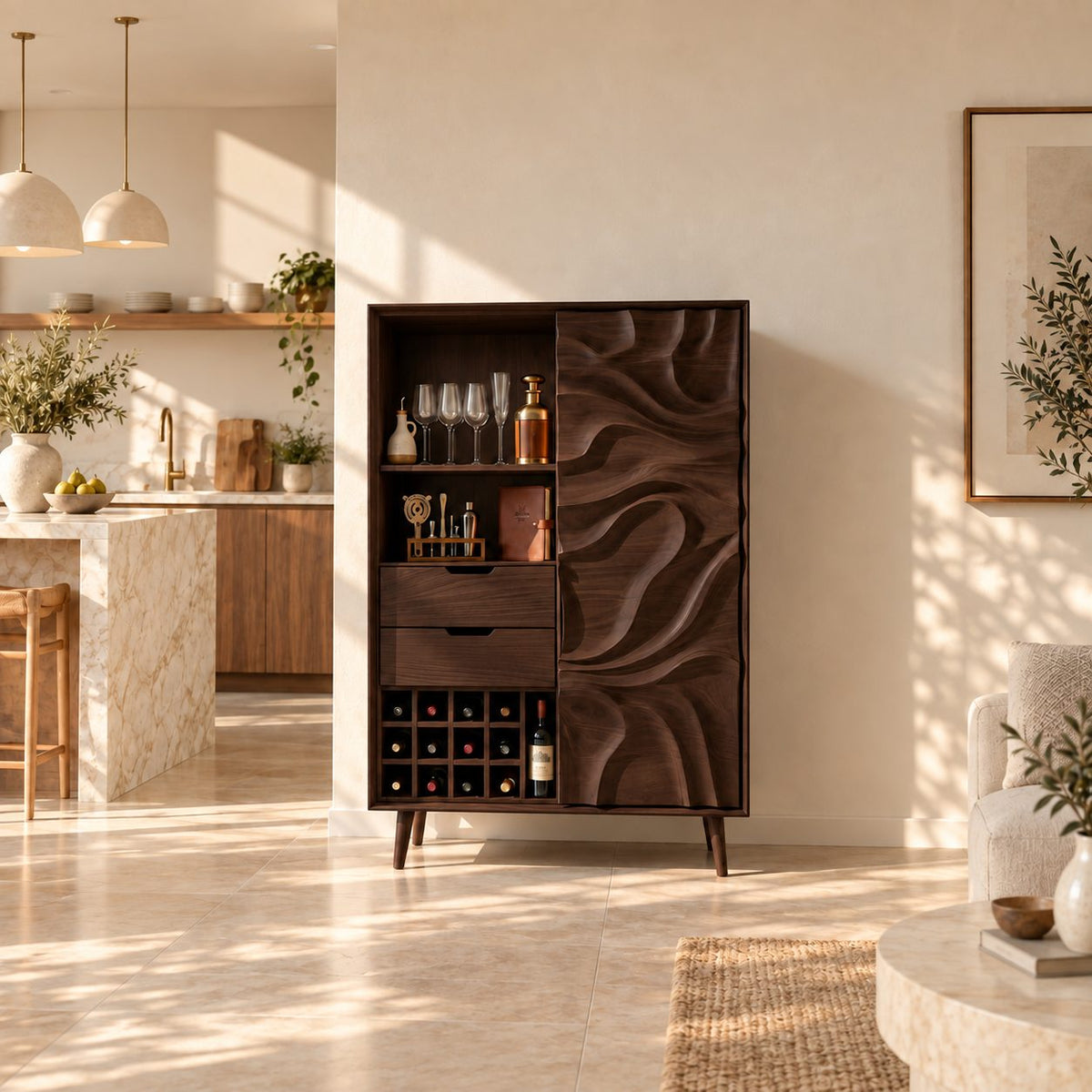 Sculpted Swirl Door Tall Bar Cabinet with Drawers, Wine Cubbies and Stemware Shelf, Solid Wood Bar Armoire