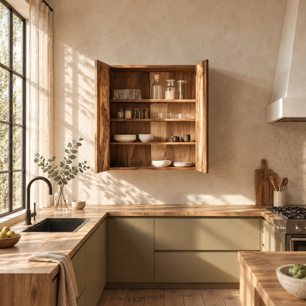 Bookmatched Two Door Kitchen Wall Cabinet with Four Inner Shelves, Solid Wood Wall Mounted Cupboard