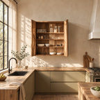 Bookmatched Two Door Kitchen Wall Cabinet with Four Inner Shelves, Solid Wood Wall Mounted Cupboard