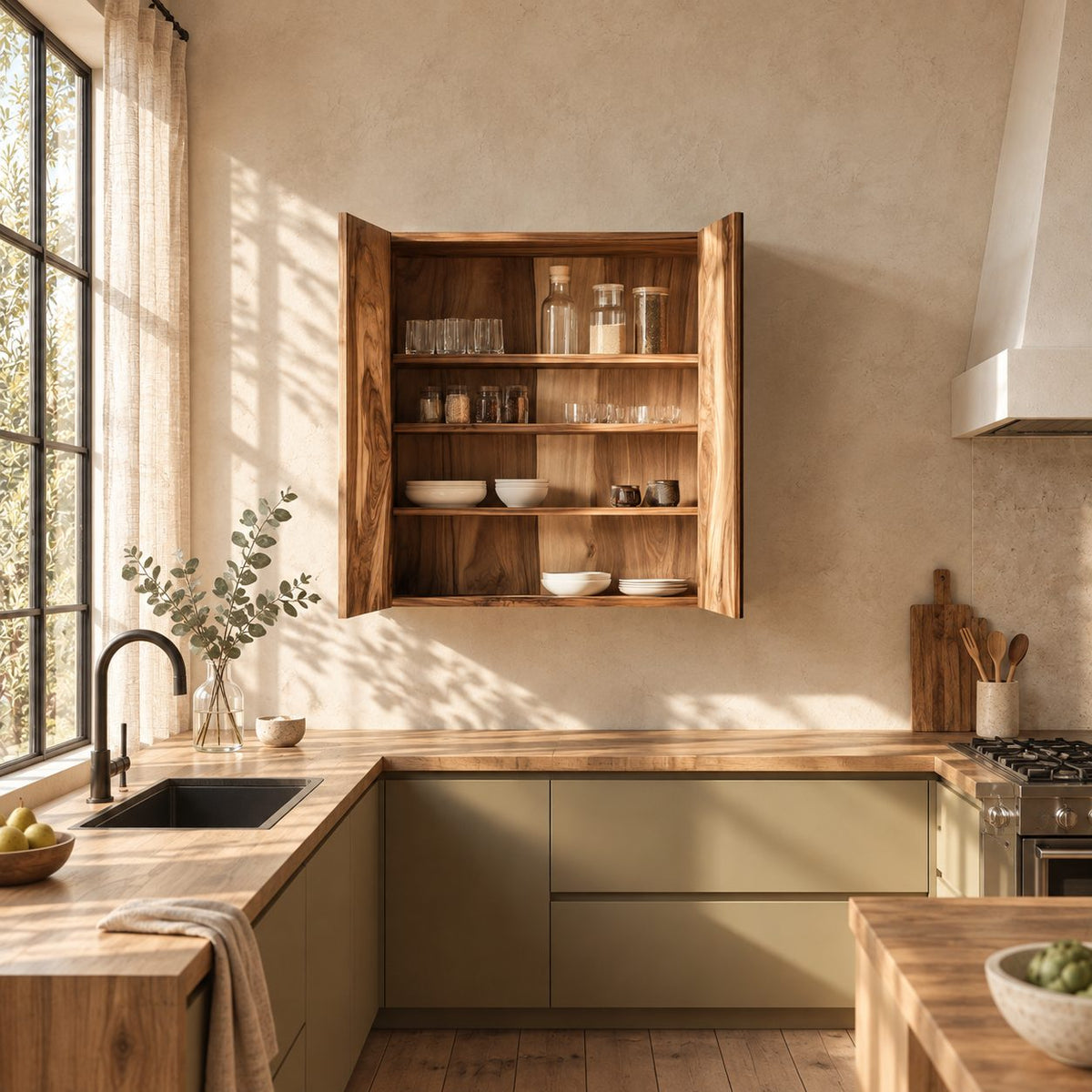 Bookmatched Two Door Kitchen Wall Cabinet with Four Inner Shelves, Solid Wood Wall Mounted Cupboard