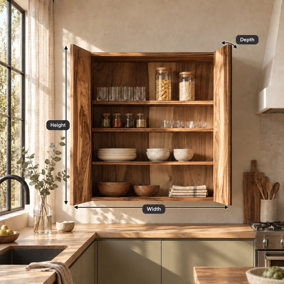 Bookmatched Two Door Kitchen Wall Cabinet with Four Inner Shelves, Solid Wood Wall Mounted Cupboard