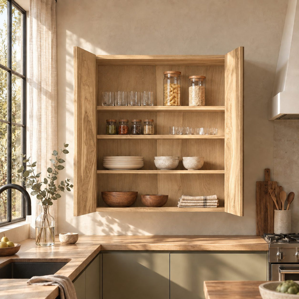 Bookmatched Two Door Kitchen Wall Cabinet with Four Inner Shelves, Solid Wood Wall Mounted Cupboard