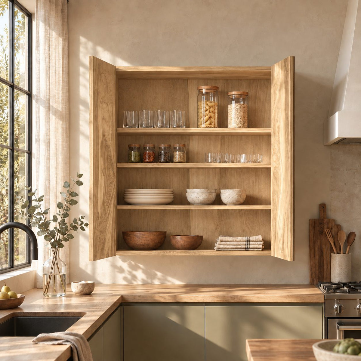 Bookmatched Two Door Kitchen Wall Cabinet with Four Inner Shelves, Solid Wood Wall Mounted Cupboard
