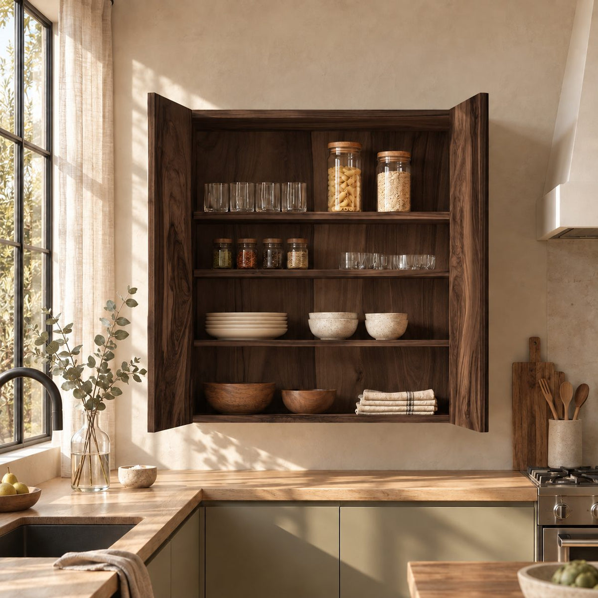 Bookmatched Two Door Kitchen Wall Cabinet with Four Inner Shelves, Solid Wood Wall Mounted Cupboard