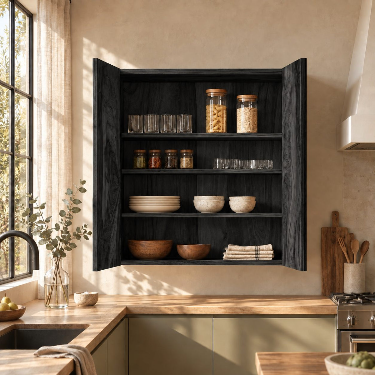 Bookmatched Two Door Kitchen Wall Cabinet with Four Inner Shelves, Solid Wood Wall Mounted Cupboard