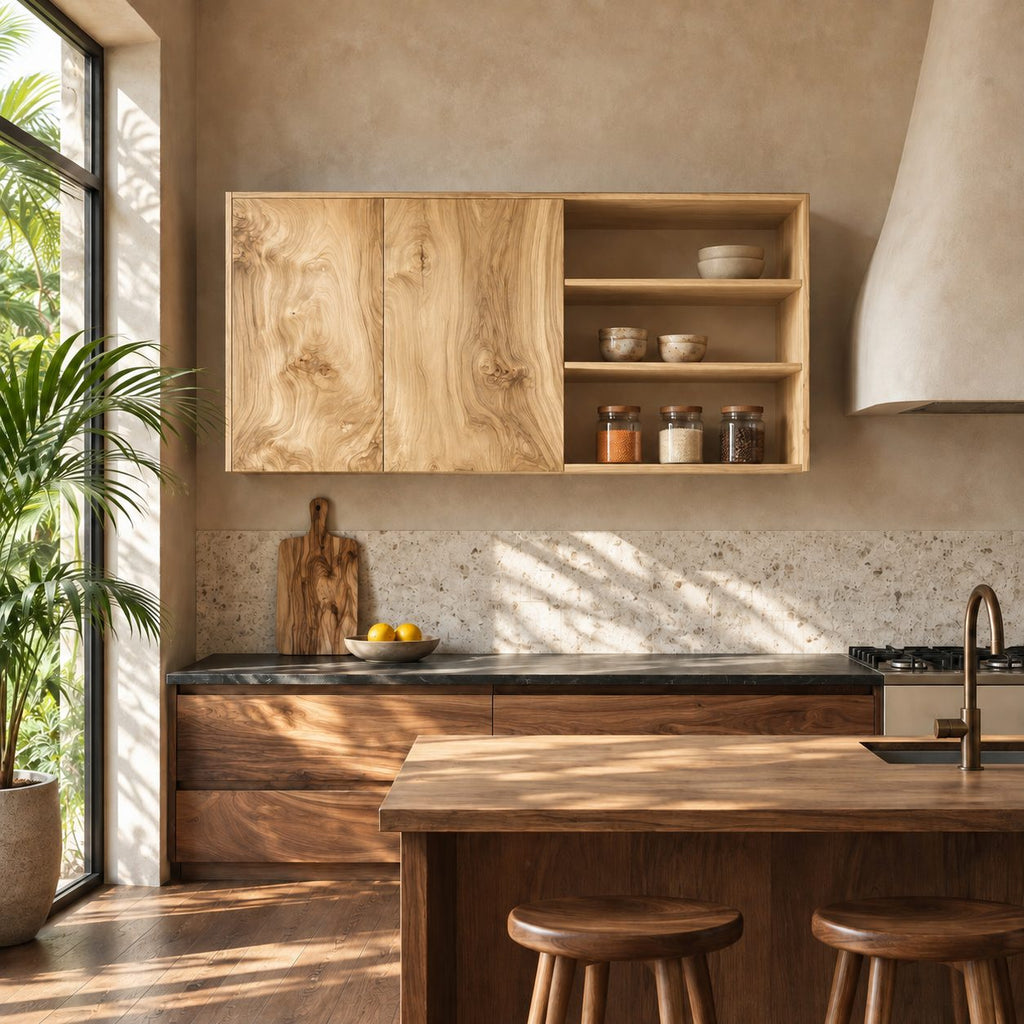 Split Front Kitchen Wall Cabinet with Two Grain Doors and Open Side Shelves, Solid Wood Wall Cupboard