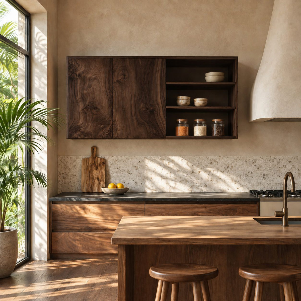 Split Front Kitchen Wall Cabinet with Two Grain Doors and Open Side Shelves, Solid Wood Wall Cupboard