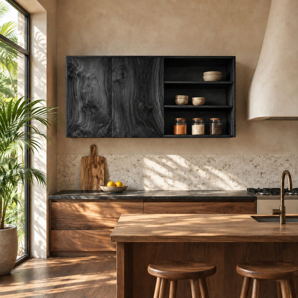 Split Front Kitchen Wall Cabinet with Two Grain Doors and Open Side Shelves, Solid Wood Wall Cupboard