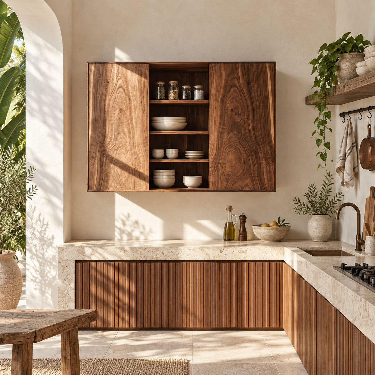 Center Open Kitchen Wall Cabinet with Two Figured Grain Doors, Solid Wood Wall Mounted Dish Cupboard