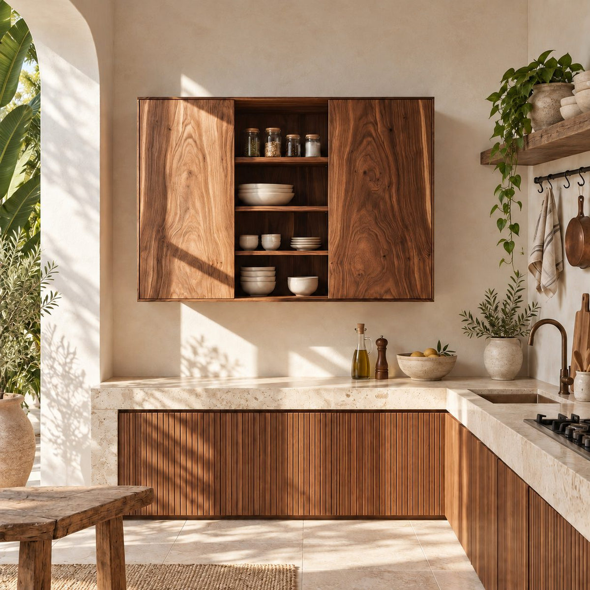 Center Open Kitchen Wall Cabinet with Two Figured Grain Doors, Solid Wood Wall Mounted Dish Cupboard