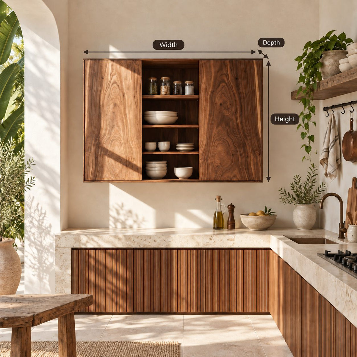 Center Open Kitchen Wall Cabinet with Two Figured Grain Doors, Solid Wood Wall Mounted Dish Cupboard