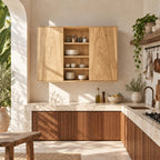 Center Open Kitchen Wall Cabinet with Two Figured Grain Doors, Solid Wood Wall Mounted Dish Cupboard