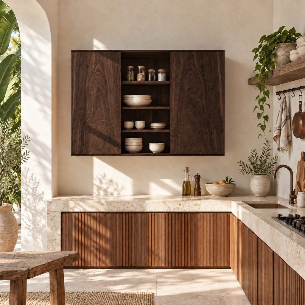 Center Open Kitchen Wall Cabinet with Two Figured Grain Doors, Solid Wood Wall Mounted Dish Cupboard