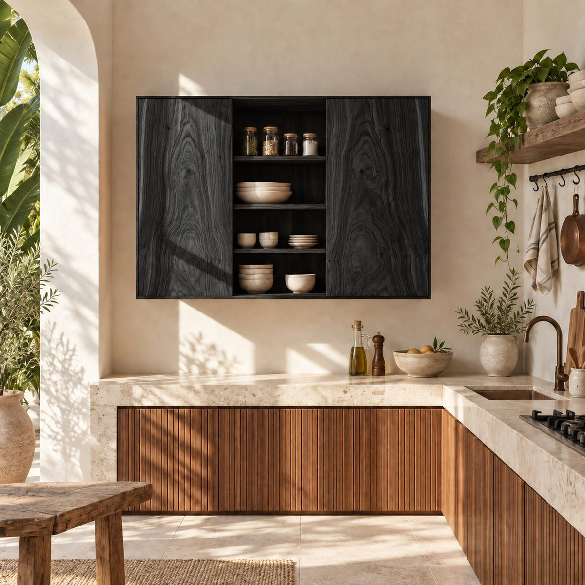 Center Open Kitchen Wall Cabinet with Two Figured Grain Doors, Solid Wood Wall Mounted Dish Cupboard