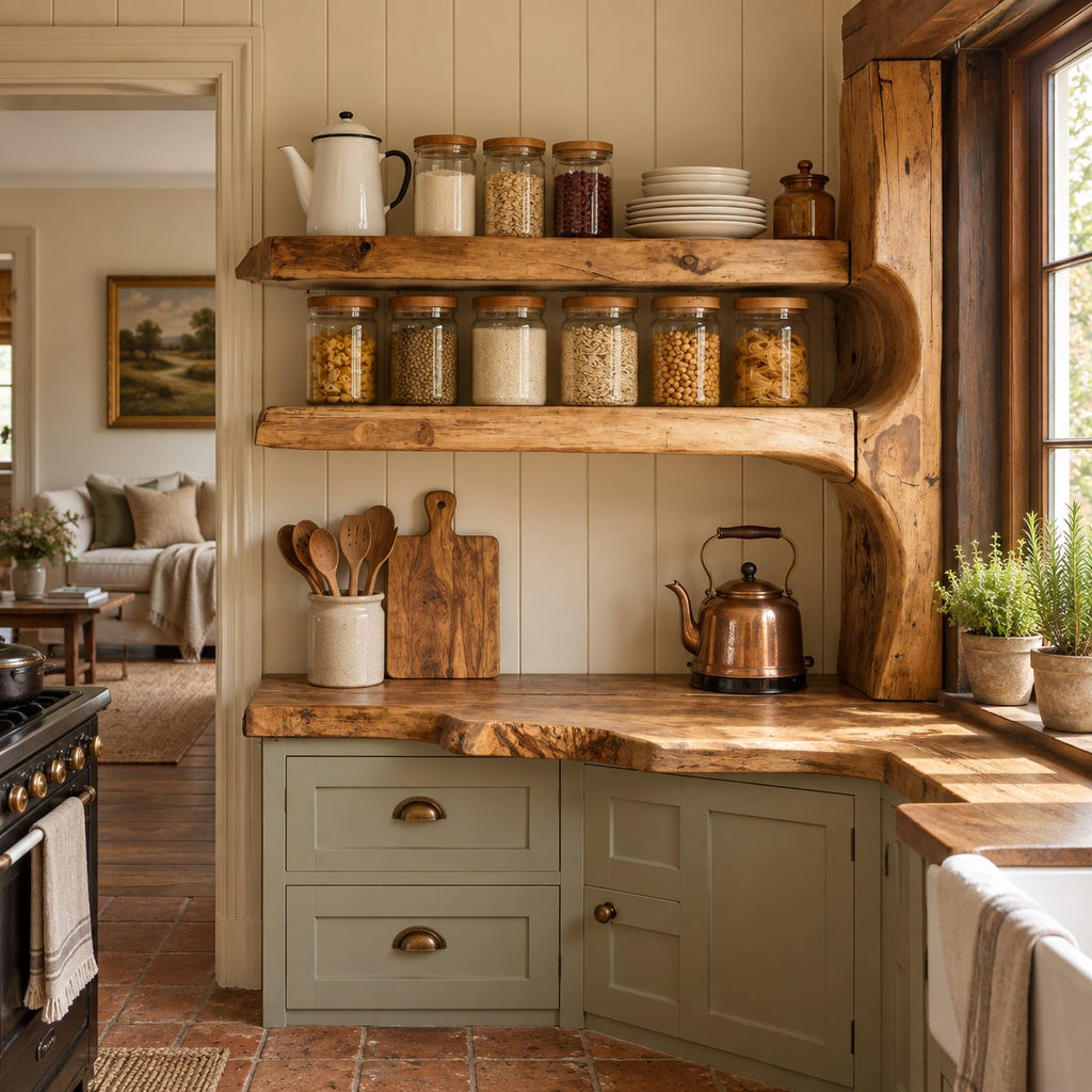 Live Edge Kitchen Shelf on Curved Post, Two Tier Solid Wood Pantry Wall Shelf for Window Corners