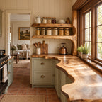 Live Edge Kitchen Shelf on Curved Post, Two Tier Solid Wood Pantry Wall Shelf for Window Corners