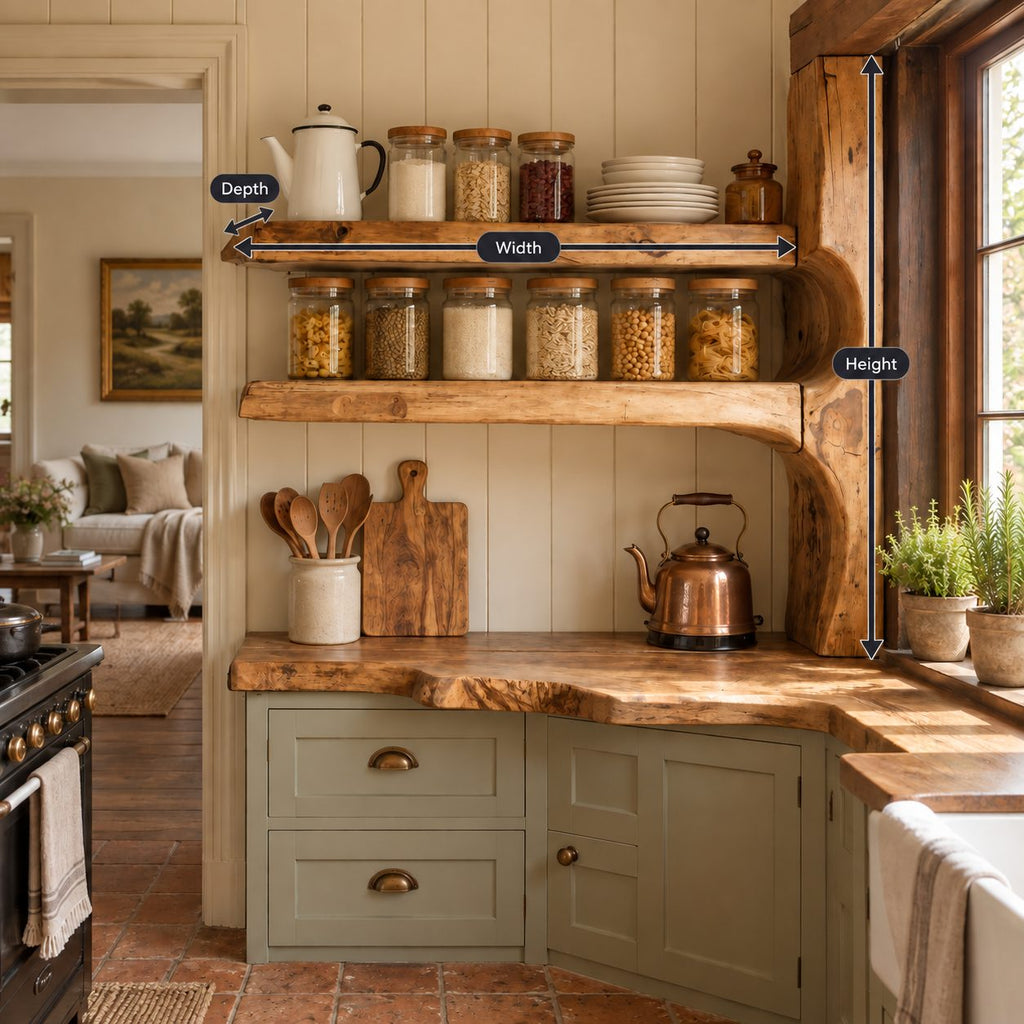 Live Edge Kitchen Shelf on Curved Post, Two Tier Solid Wood Pantry Wall Shelf for Window Corners