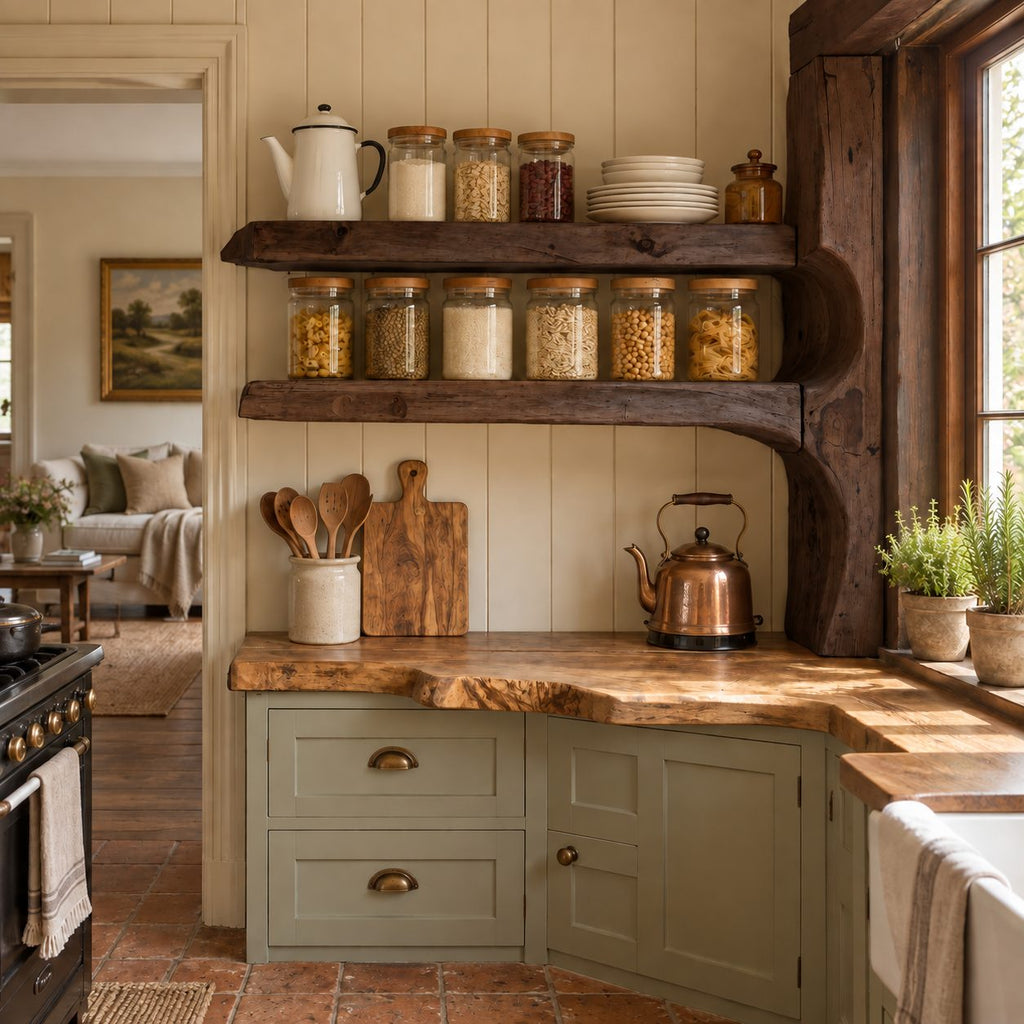 Live Edge Kitchen Shelf on Curved Post, Two Tier Solid Wood Pantry Wall Shelf for Window Corners