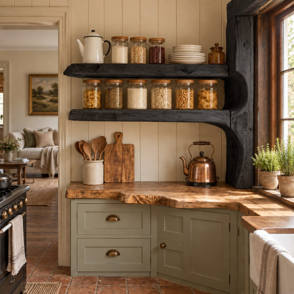 Live Edge Kitchen Shelf on Curved Post, Two Tier Solid Wood Pantry Wall Shelf for Window Corners