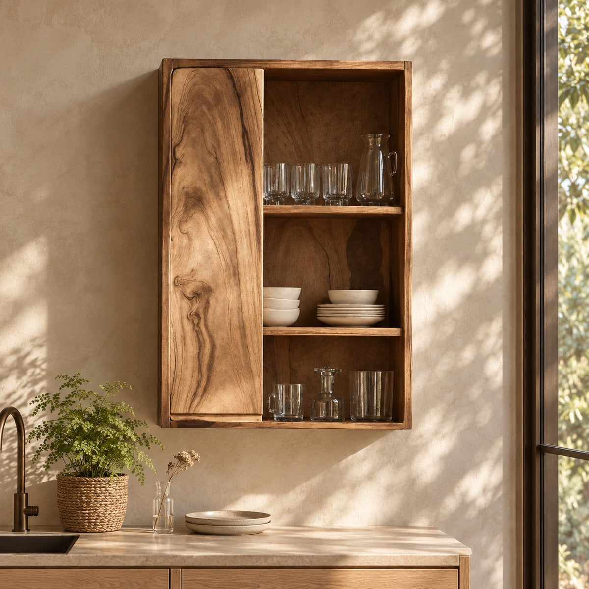 Tall Single Door Kitchen Wall Cabinet with Natural Grain Door and Open Shelves, Solid Wood Cupboard