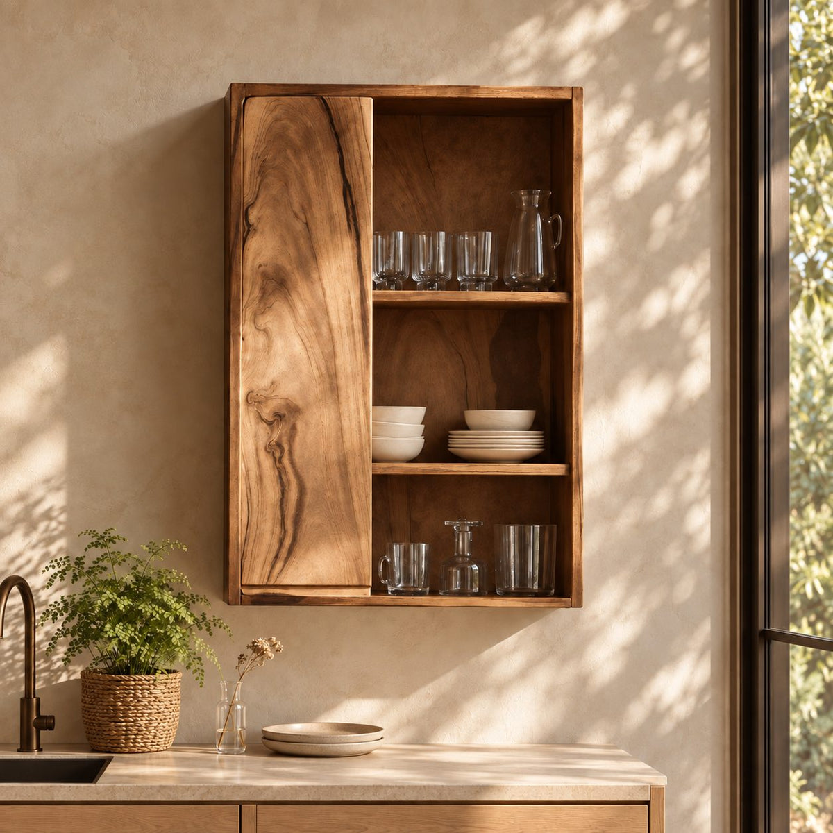 Tall Single Door Kitchen Wall Cabinet with Natural Grain Door and Open Shelves, Solid Wood Cupboard