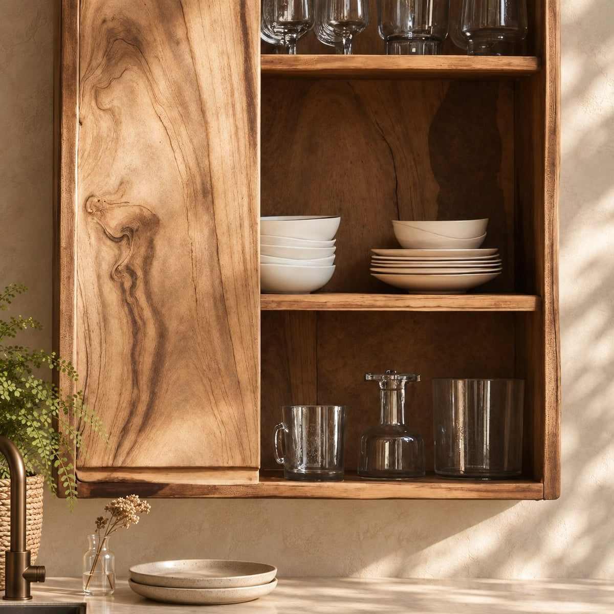 Tall Single Door Kitchen Wall Cabinet with Natural Grain Door and Open Shelves, Solid Wood Cupboard